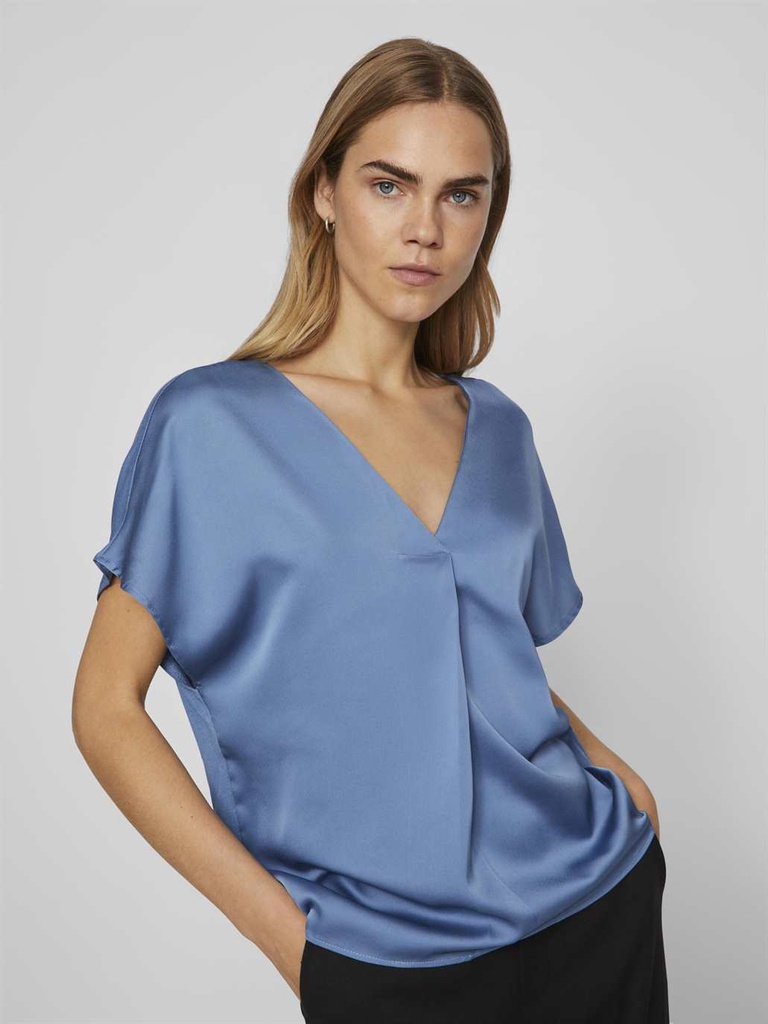 Top VILA VIELLETTE V-NECK S/S SATIN TOP - NOOS